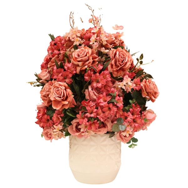Imagem de Vaso Com Arranjo de Flores Rosas e Hortênsias Artificiais