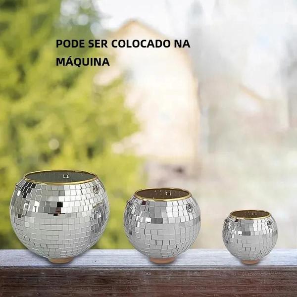 Imagem de Vaso de Flores Bola Disco Prateada - Cesta Suspensa com Espelho de Vidro Plástico