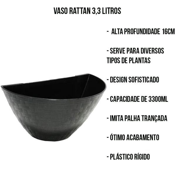 Imagem de Vaso de Parede Rattan Preto Meia Lua Jardim Vertical 3,3 L