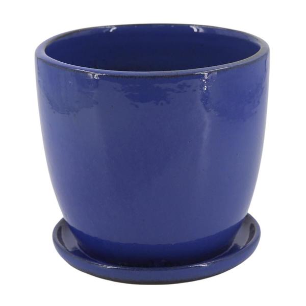 Imagem de VASO ESTILO VIETNAMITA C/PRATO CERÂMICA RICO AZUL 22x20cm