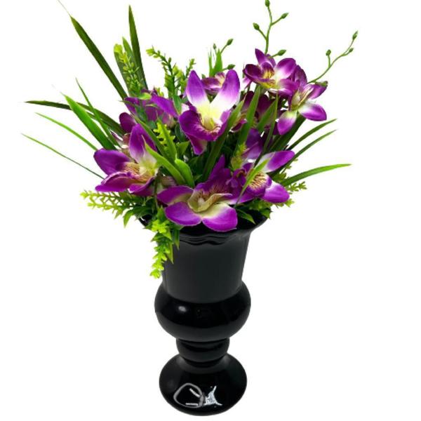 Imagem de Vaso pedestal preto de cerâmica trabalhado com Orquídea