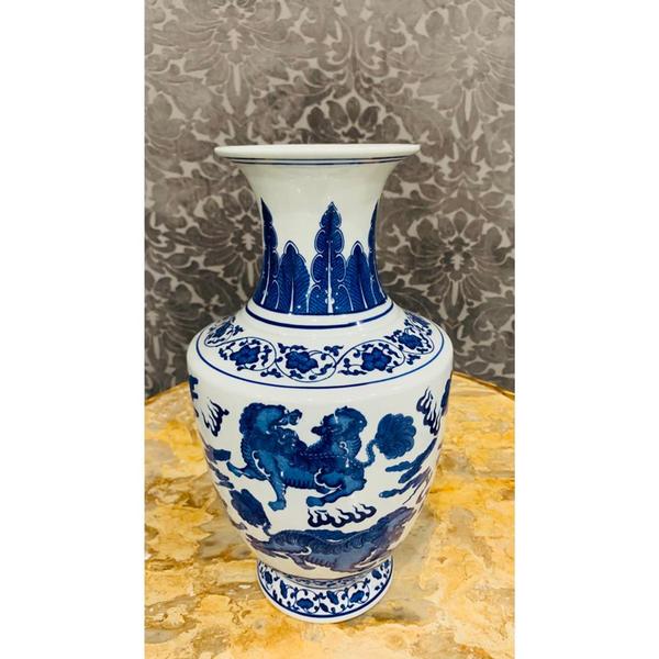 Imagem de Vaso Porcelana Oriental Leões Azul e Branco