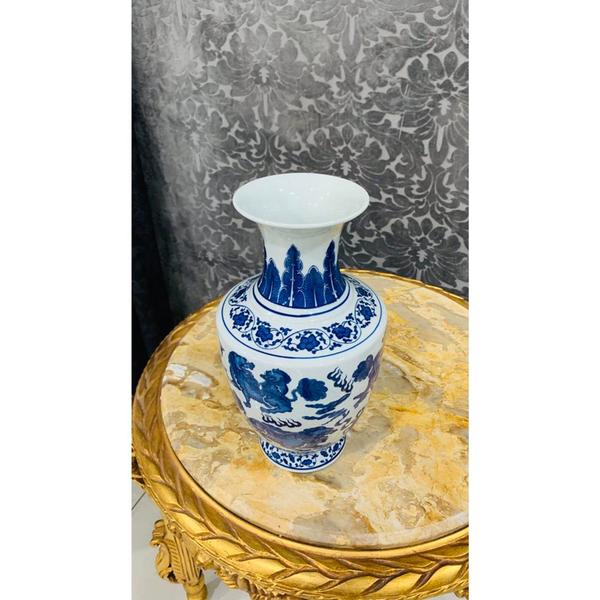 Imagem de Vaso Porcelana Oriental Leões Azul e Branco