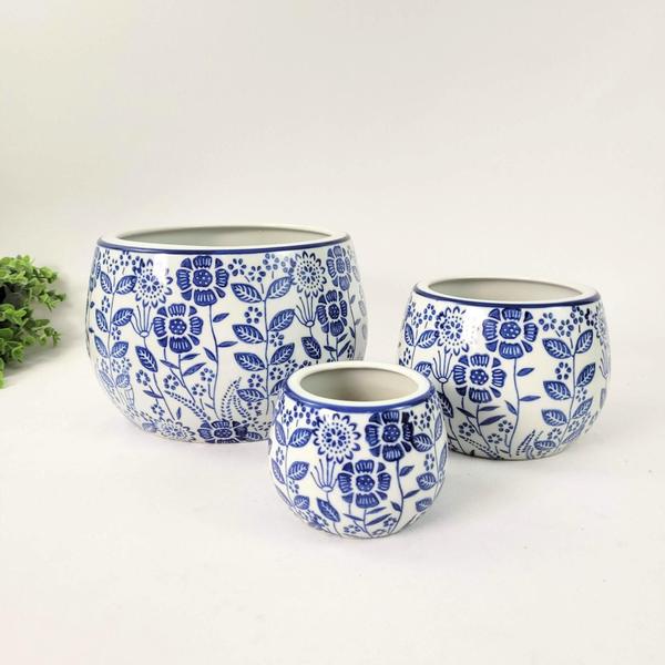 Imagem de Vaso ul E Branco 10/15/23Cm Floral Porcelana Kit 3Pc