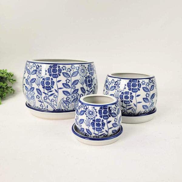 Imagem de Vaso ul E Branco 10/15/23Cm Floral Porcelana Kit 3Pc