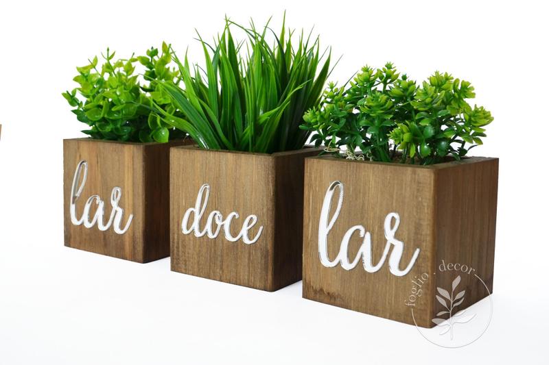 Imagem de Vasos Decorativos Com Planta Artificial Frase Lar Doce Lar Decoração Sala