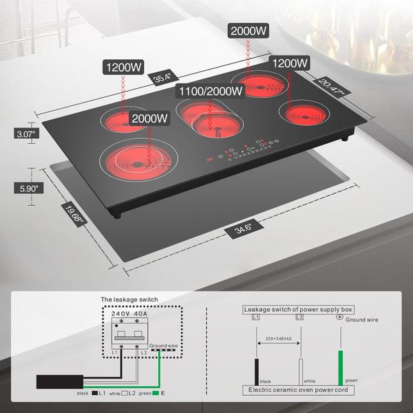 Imagem de VBGK Cooktop Elétrico 36" 8600W com 5 Bocas, Controle Touch e Timer (Preto)