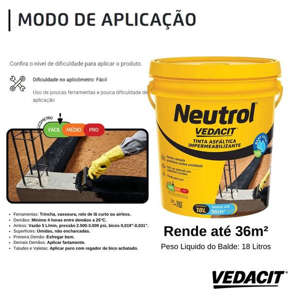 Imagem de Vedacit Neutrol  Acqua Emulsão Pintura Asfáltica Película Impermeável Base D'Água De 18 Litros Alta Resistência Protege Estruturas Concreto Alvenaria