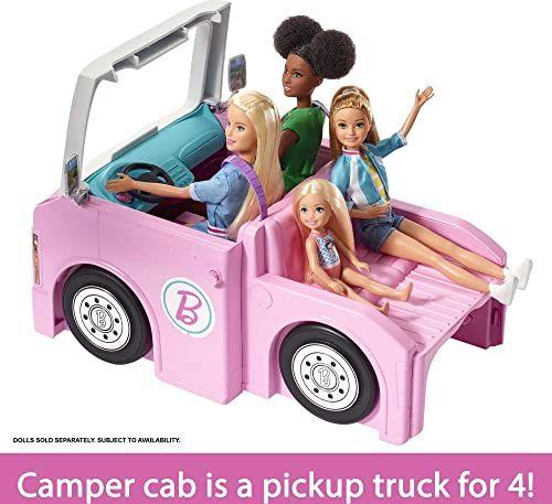 Imagem de Veículo Barbie 3 em 1 DreamCamper, aprox. 3 pés, campista transformador com piscina, caminhão, barco e 50 acessórios, é um ótimo presente para crianças de 3 a 7 anos