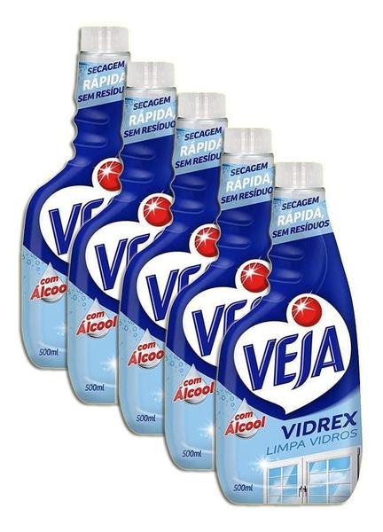 Imagem de Veja Vidrex Com Álcool Limpa Vidros Refil 500Ml Kit 5