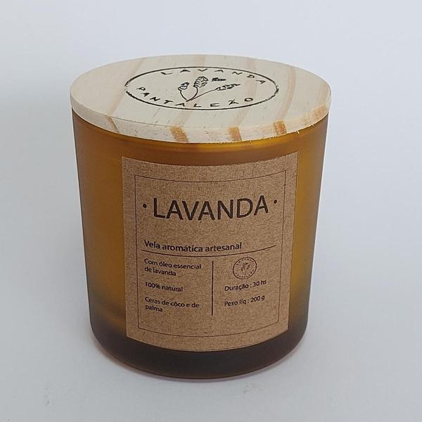 Imagem de Vela aromática com óleo essencial de lavanda 200g vidro cor âmbar fosco com tampa de madeira.