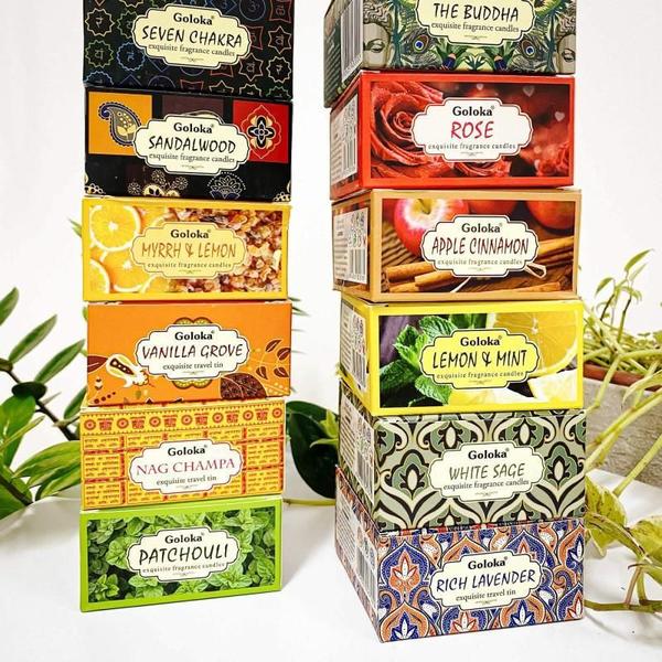 Vela Aromática Lata Indiana Goloka Vegano - Escolha O Aroma - Bialluz Imagem de Vela Aromática Lata Indiana Goloka Vegano - Escolha O Aroma
