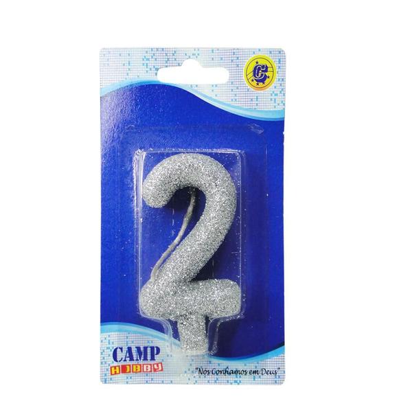 Vela De Aniversario Numero 2 Prata Glitter 7Cm - Camp Imagem de Vela De Aniversario Numero 2 Prata Glitter 7Cm