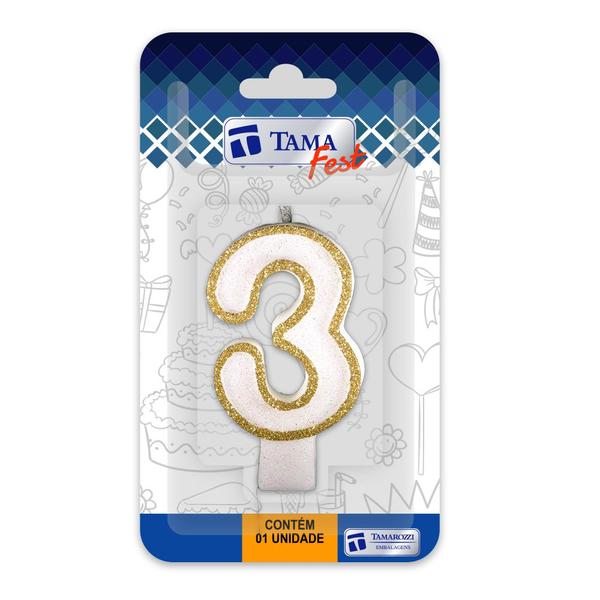 Vela de aniversário Número Branco e Dourado Nº 3 com 10 un. - TAMAROZZI EMBALAGENS Imagem de Vela de aniversário Número Branco e Dourado Nº 3 com 10 un.