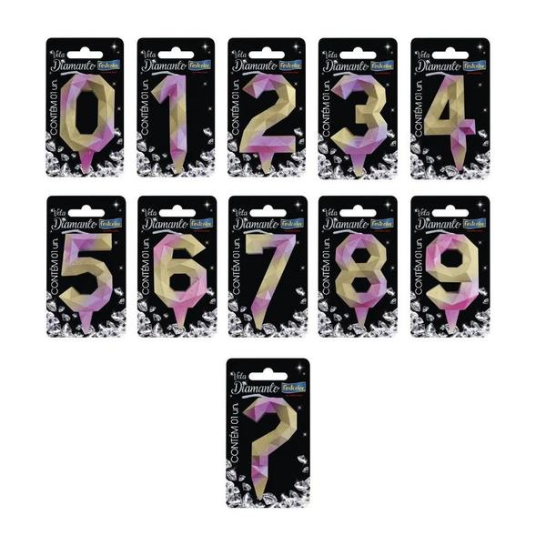 Vela Diamante Rosa com Dourado - 01 Unidade - Festcolor - Rizzo - Número: 3 Imagem de Vela Diamante Rosa com Dourado - 01 Unidade - Festcolor - Rizzo - Número: 3