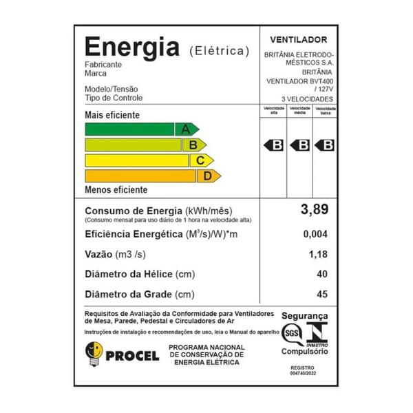 Imagem de Ventilador Britânia Maxx Force 40 BVT400P 127V 150W com 3 velocidades - Preto