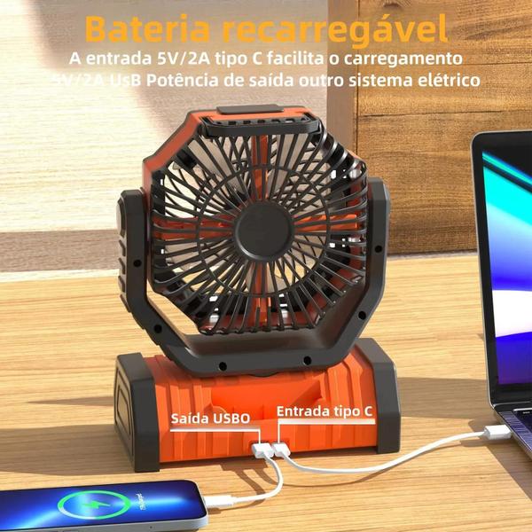 Imagem de Ventilador de Acampamento Portátil e Recarregável - 20000mAh/10000mAh - com Gancho e Rotação 270°