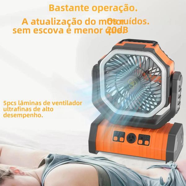 Imagem de Ventilador de Acampamento Portátil e Recarregável - 20000mAh/10000mAh - com Gancho e Rotação 270°