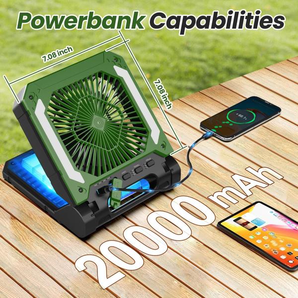 Imagem de Ventilador de acampamento solar recarregável 20000mAh com lanterna LED verde