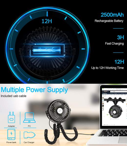 Imagem de Ventilador de carrinho TDONE Mini Portátil USB Recarregável Preto