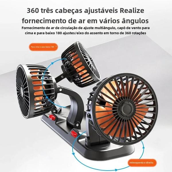 Imagem de Ventilador de Carro Ajustável 360° - 3 Cabeças, Silencioso e com 2 Velocidades