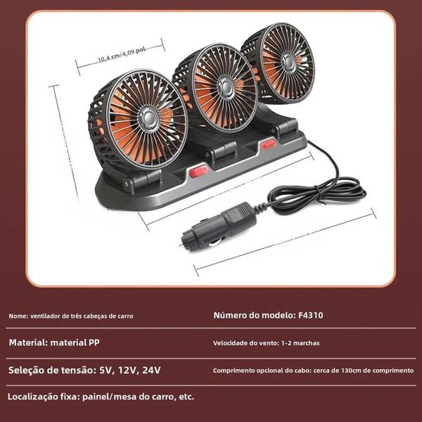 Imagem de Ventilador de Carro Ajustável 360° - 3 Cabeças, Silencioso e com 2 Velocidades