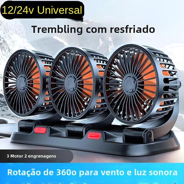 Imagem de Ventilador de Carro Ajustável 360° - 3 Cabeças, Silencioso, USB 12V/24V