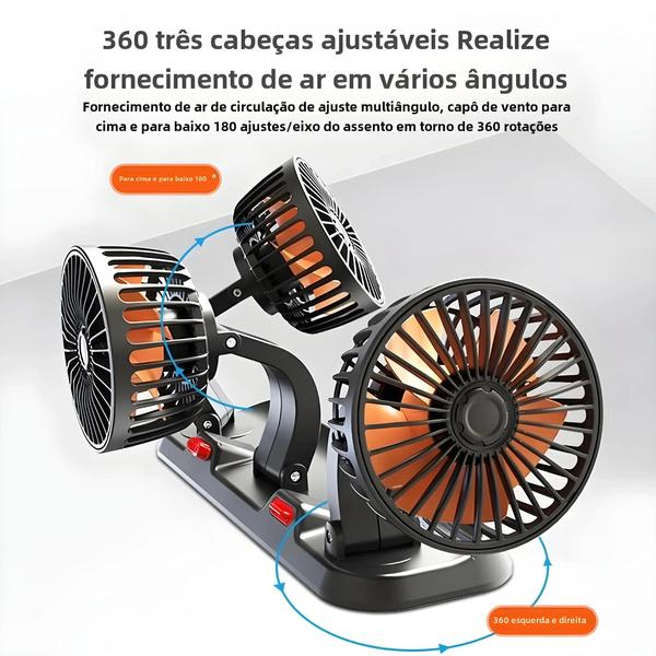 Imagem de Ventilador de Carro Ajustável 360° - 3 Cabeças, Silencioso, USB 12V/24V