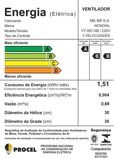 Imagem de Ventilador de Coluna Mondial 6 Pás Turbo 30cm VT-30C-NB Preto 110V