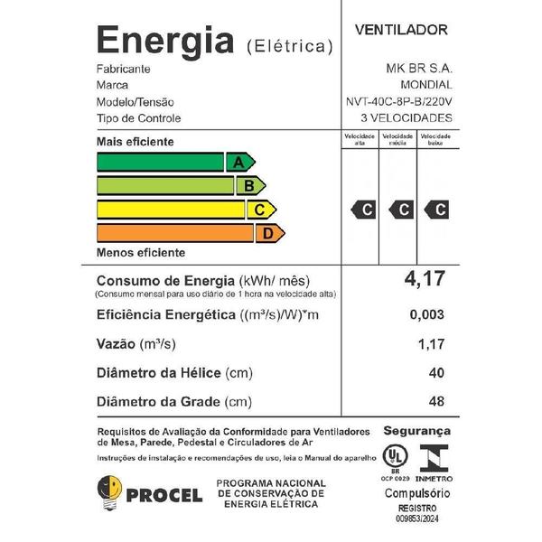 Imagem de Ventilador de Coluna Mondial NVT-40C-8P-B Turbo 40CM 8 Pás Preto 220V 3799-02