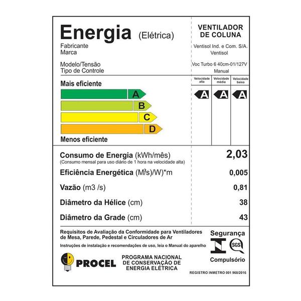 Imagem de Ventilador de Coluna Ventisol 40cm Turbo 6, 3 Velocidades, 6 Pás, Preto