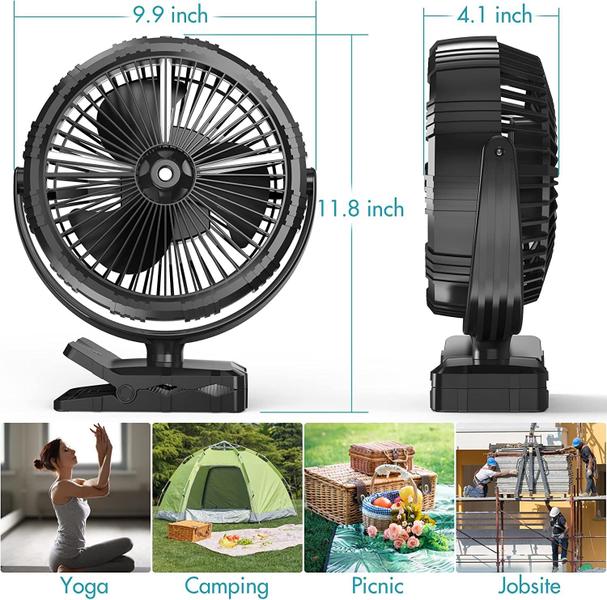 Imagem de Ventilador de deformação de 8 polegadas com clipe, bateria recarregável de 10000mAh alimentada, ventilador de resfriamento de ar pessoal, 3 velocidades e ventilador de spray rotativo de 360  com gancho dobrável para Home Office Camping Travel Jobsit