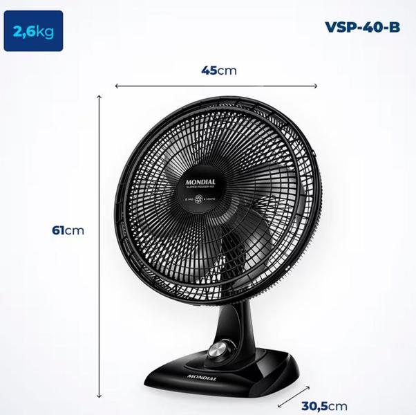 Imagem de Ventilador de Mesa 40cm Mondial Super Power VSP-40-B 6 Pás 3 Velocidades - Preto 110V