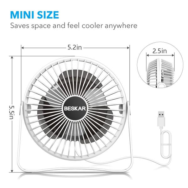 Imagem de Ventilador de mesa BESKAR USB pequeno de 6 polegadas, 3 velocidades, rotação de 360, branco