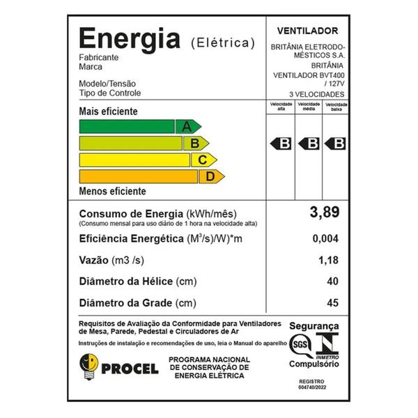 Imagem de Ventilador de Mesa Britânia  40cm - 6 Pás 3 Velocidades Preto -110V