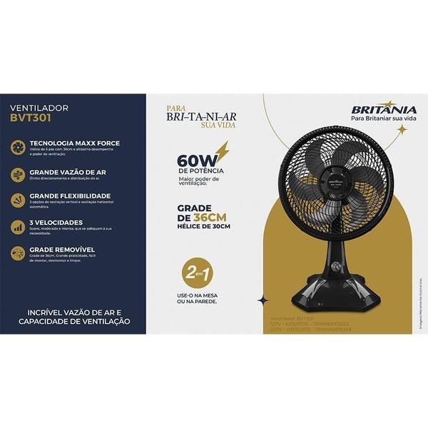 Imagem de Ventilador De Mesa Britânia BVT301 Tecnologia Maxx Force Preto 110V