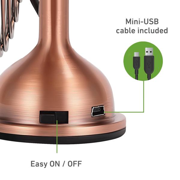 Ventilador de Mesa Mini USB 4 Polegadas em Cobre Escovado com Estilo Retrô - HOLMES Imagem de Ventilador de Mesa Mini USB 4 Polegadas em Cobre Escovado com Estilo Retrô