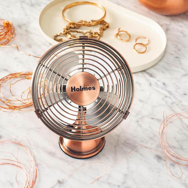 Ventilador de Mesa Mini USB 4 Polegadas em Cobre Escovado com Estilo Retrô - HOLMES Imagem de Ventilador de Mesa Mini USB 4 Polegadas em Cobre Escovado com Estilo Retrô