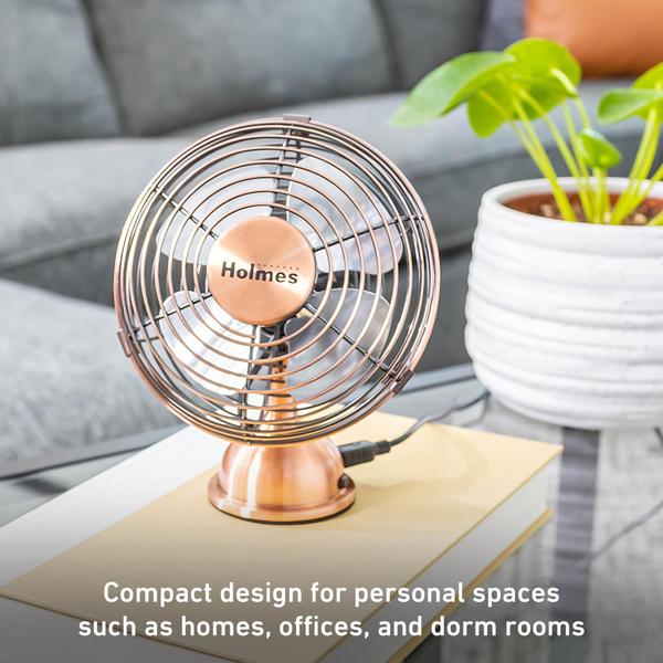 Ventilador de Mesa Mini USB 4 Polegadas em Cobre Escovado com Estilo Retrô - HOLMES Imagem de Ventilador de Mesa Mini USB 4 Polegadas em Cobre Escovado com Estilo Retrô