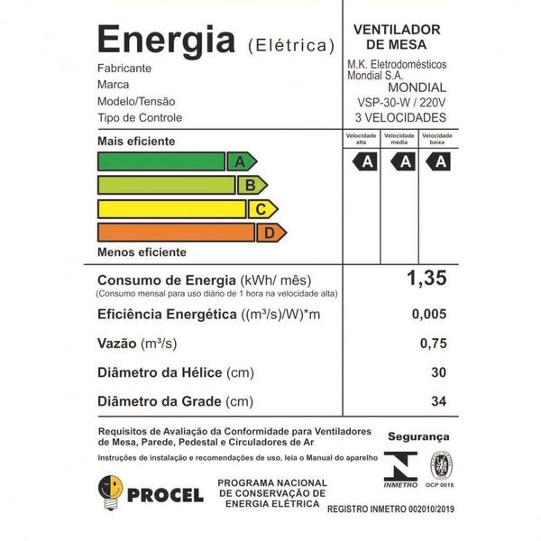 Imagem de Ventilador de Mesa Mondial 6 Pás 30cm VSP-30B 60W