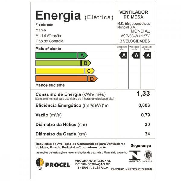 Imagem de Ventilador de Mesa Mondial 6 Pás 30cm VSP-30B 60W