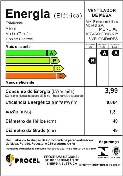 Imagem de Ventilador de Mesa Mondial Super Turbo VTX40 Chrome 40cm 8 Pás 3 Velocidades 110V