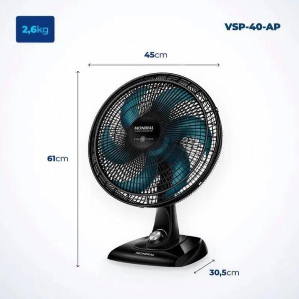 Ventilador de Mesa Mondial VSP-40-AP 40cm 6 Pás Azul 127V Imagem de Ventilador de Mesa Mondial VSP-40-AP 40cm 6 Pás Azul 127V