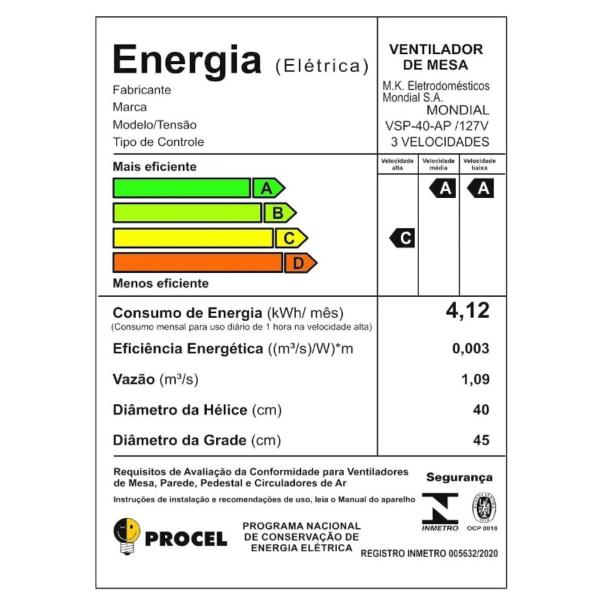 Imagem de Ventilador De Mesa Mondial Vsp-40-Ap Super Power 40cm 6 Pás 3 Velocidades Preto E Azul - 110V