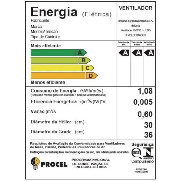 Imagem de Ventilador De Mesa / Parede Britânia BVT301 Turbo 6 Pás 30cm Tecnologia Maxx Force 60W