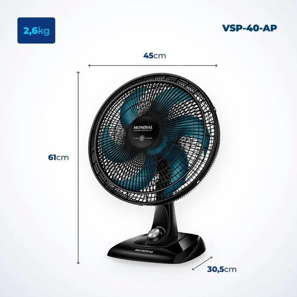 Imagem de Ventilador de Mesa Super Power 40cm Mondial VSP-40-AP - 220V, 6 Pás, 3 Velocidades, Preto e Azul