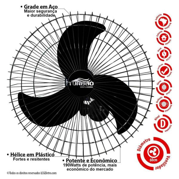 Imagem de Ventilador de Parede Turbão 60cm Bivolt Preto Oscilante 200w Kit 6 unidades