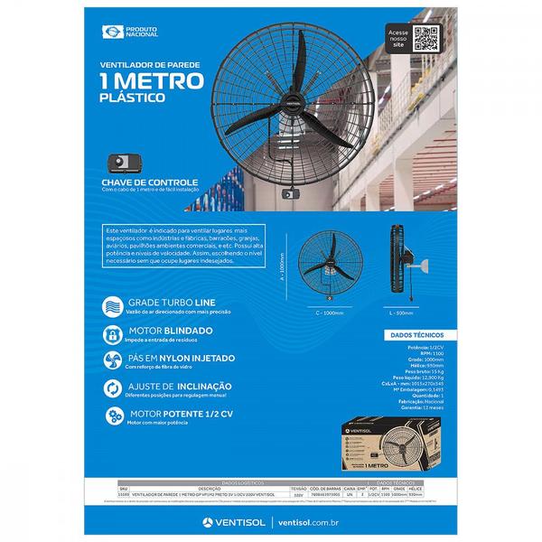 Imagem de Ventilador De Parede Ventisol Grade De Plástico 100CM 220V Preto - 15599