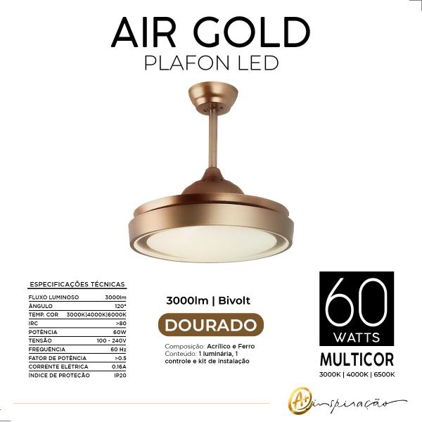 Imagem de Ventilador De Teto Air Gold Led Multicor Bivolt Pás Retrátil Controle Remoto