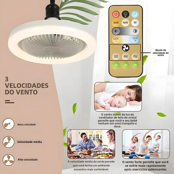 Imagem de Ventilador de Teto Inteligente com 3 Velocidades, Iluminação E27 e Controle Remoto